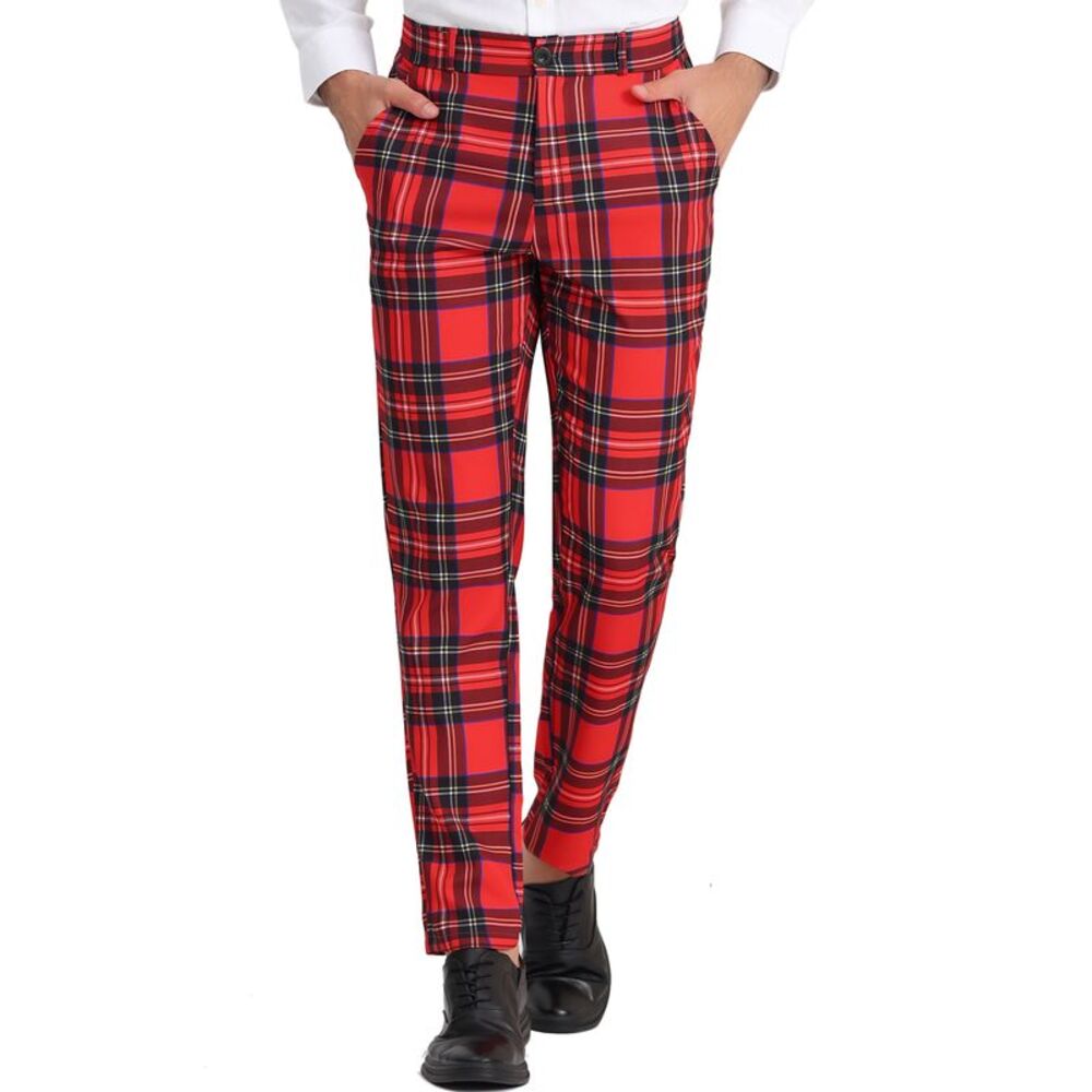 Dark Red Plaid Dress Pants Flat Front Business Trousers Checked Suit Pants